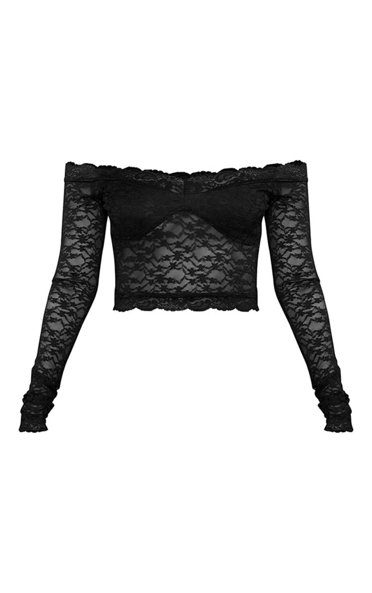 Petite Black Off The Shoulder Lace Crop Top image 1