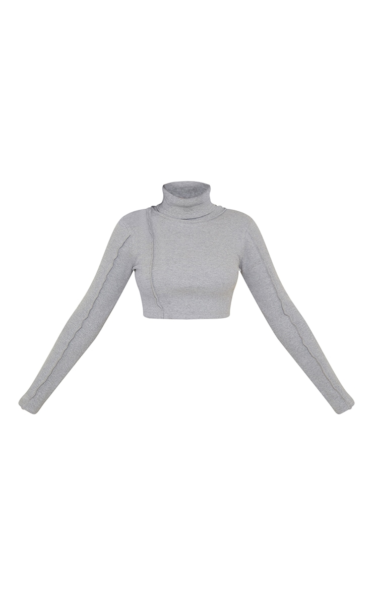 Grey Structured Rib High Neck Stitch Detail Long Sleeve Crop Top image 5