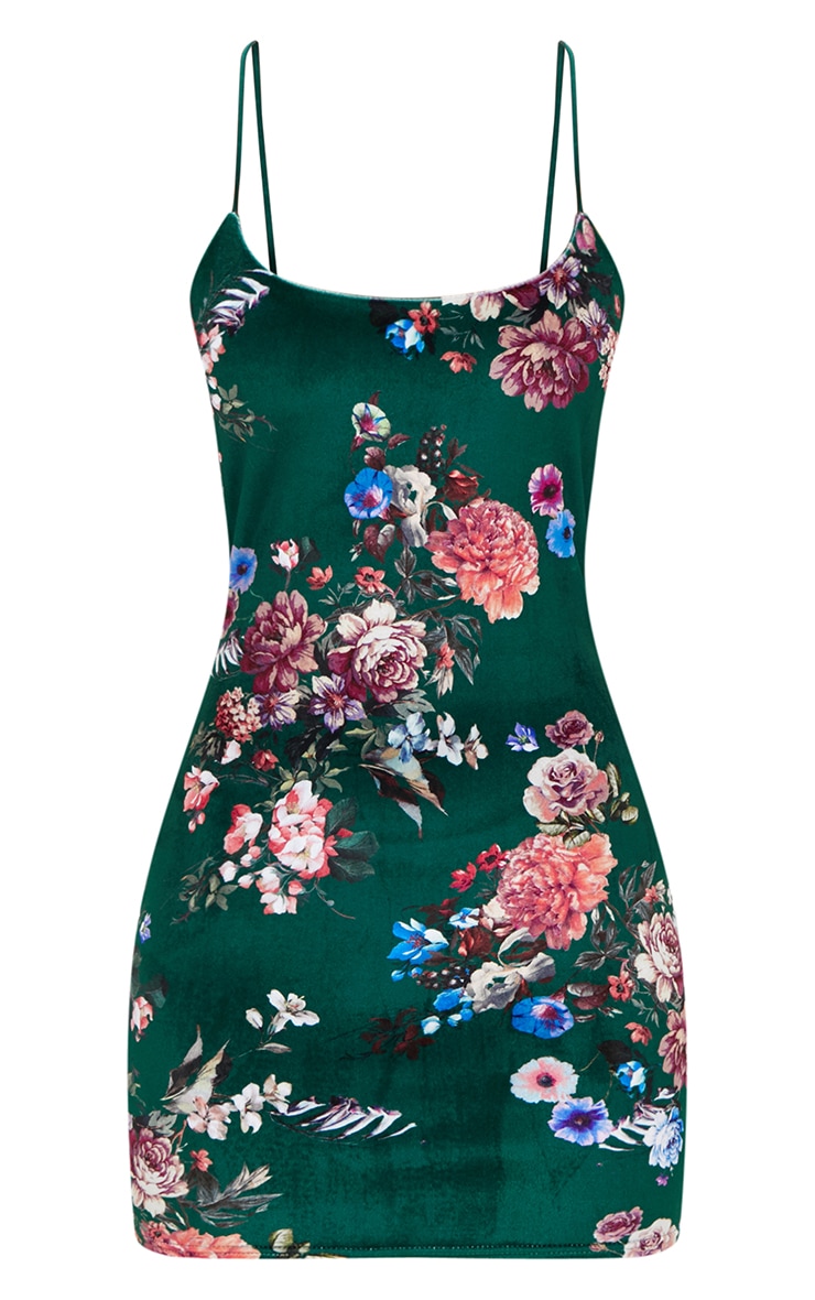 Green Floral Velvet Square Neck Spaghetti Strap Bodycon Dres