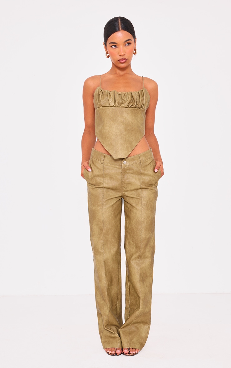 Premium Olive Washed Faux Leather Dip Waist Flared Trousers