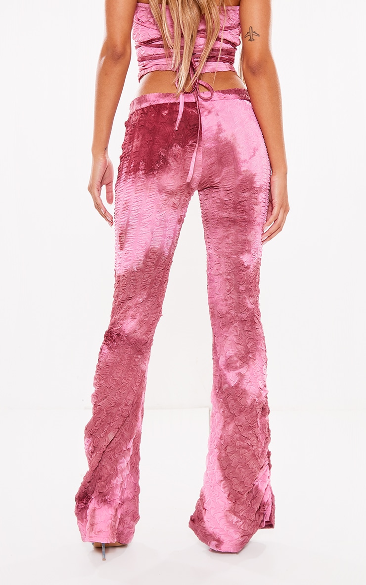 Pink Printed Textured Mesh Dip Waist Flares image 3