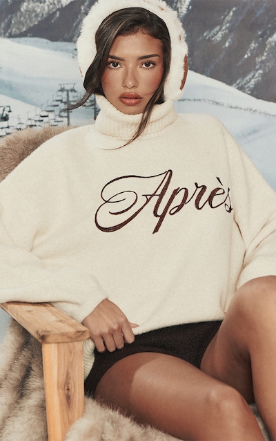 Cream Apres Slogan Roll Neck Knitted Jumper