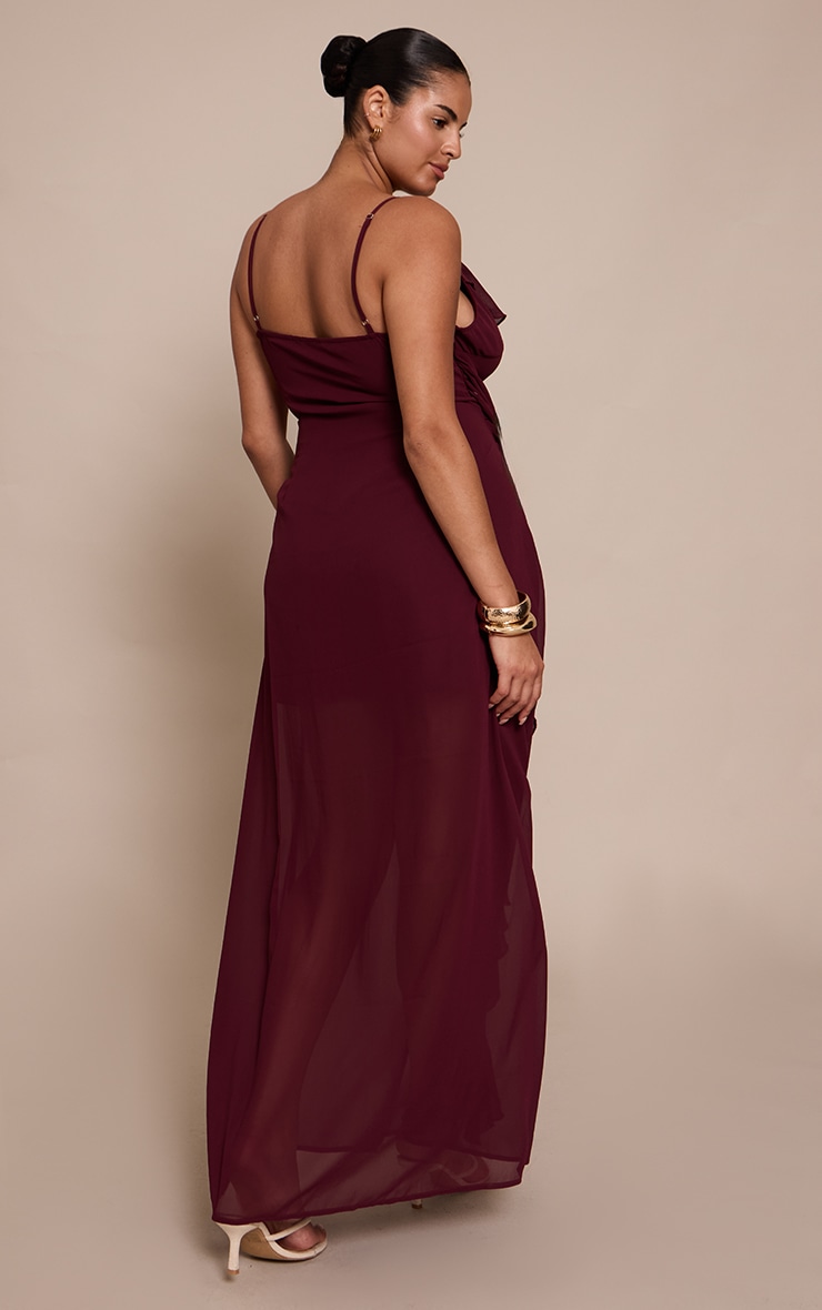Plus Wine Chiffon Frill Plunge Strappy Maxi Dress image 2
