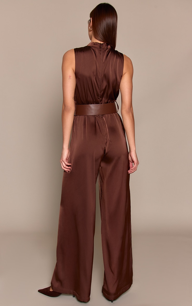 Chocolate Satin High Neck Belt Detail Wide Leg Jumpsuit image 2