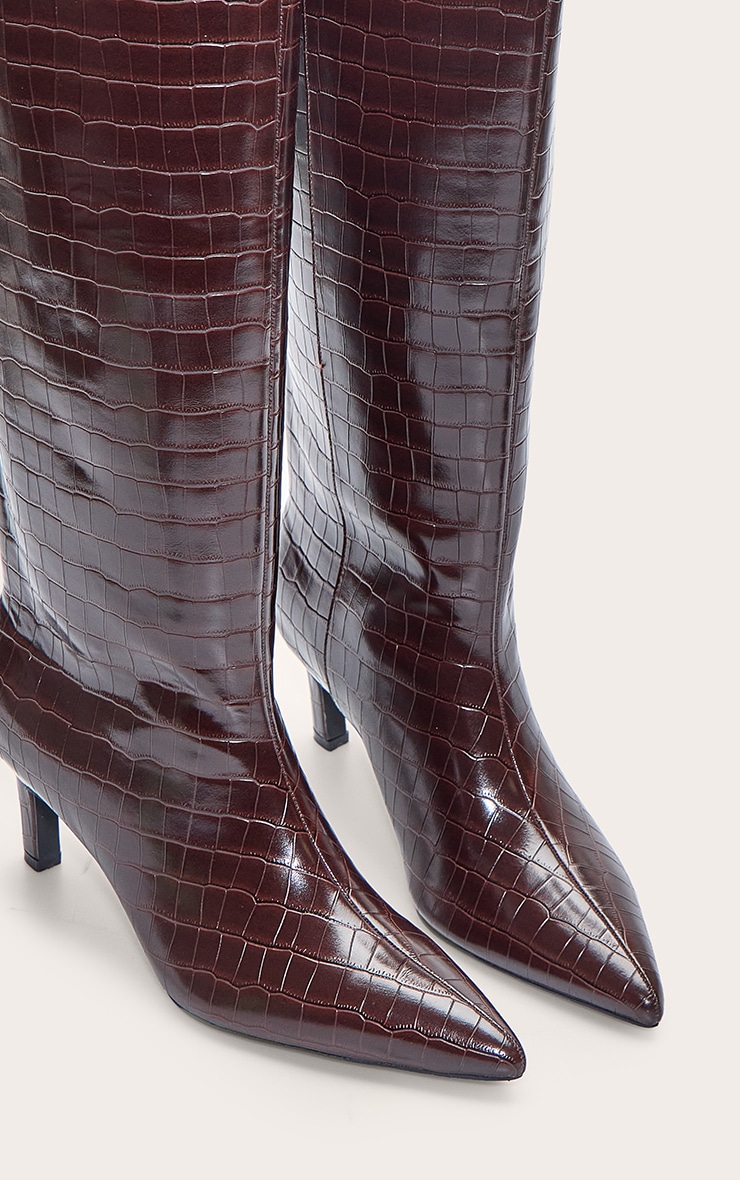 Chocolate Croc Kitten Heel Knee High Boot image 5