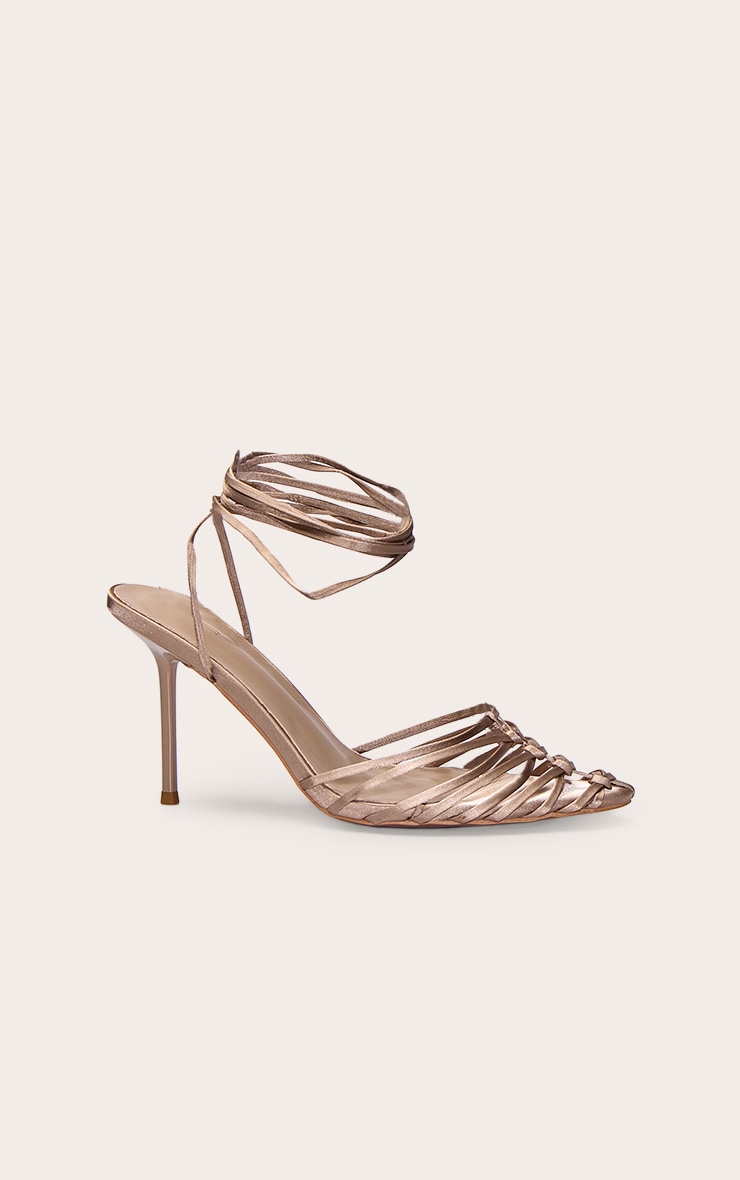 PLT Label Taupe Satin Macrame Strappy Toe Front High Heels image 2