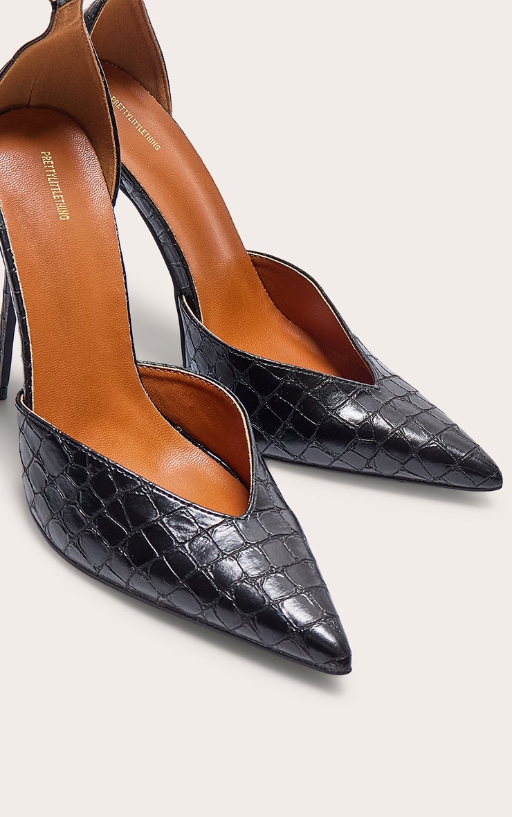 PLT Label Black Croc Faux Leather Point Toe High Heeled Court Shoes image 4