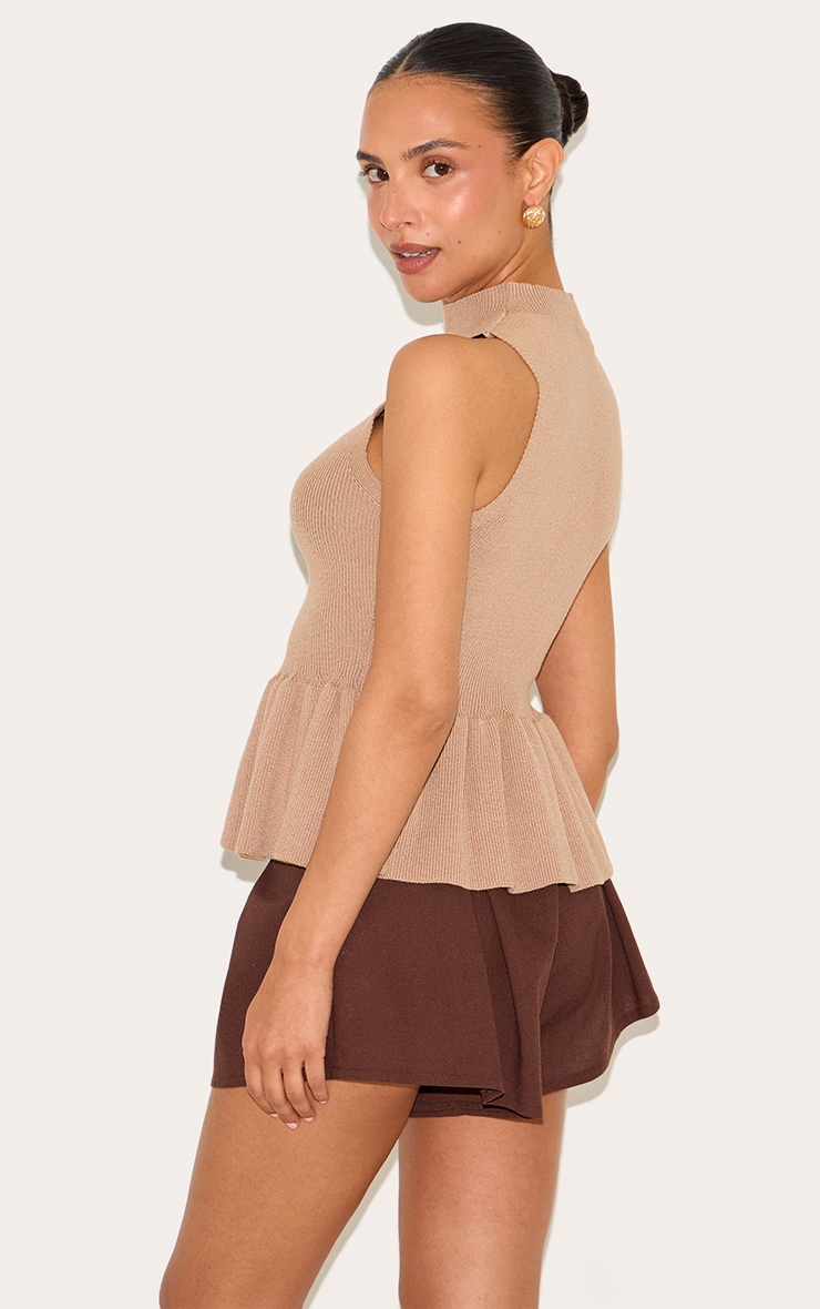 Petite Taupe Knitted High Neck Peplum Hem Long Top image 2