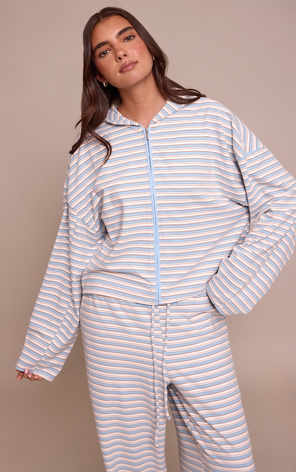 Hoodie en polaire douce bleu clair à rayures et zip
