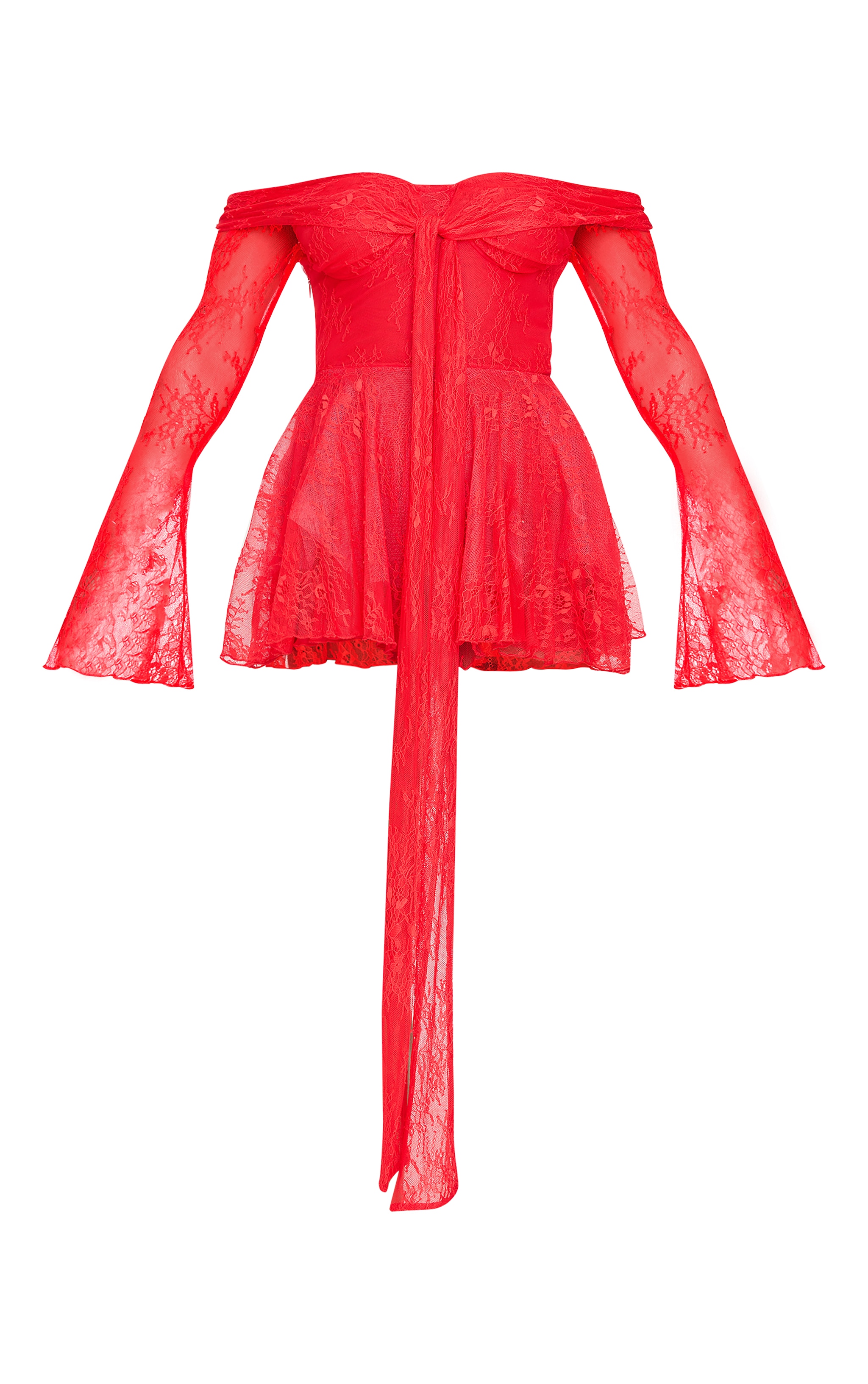 Combishort en dentelle rouge à col bardot et noeud devant image 5