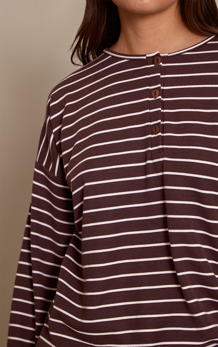 Chocolate Striped Button Down Detail Oversized Long Sleeve Top image 4