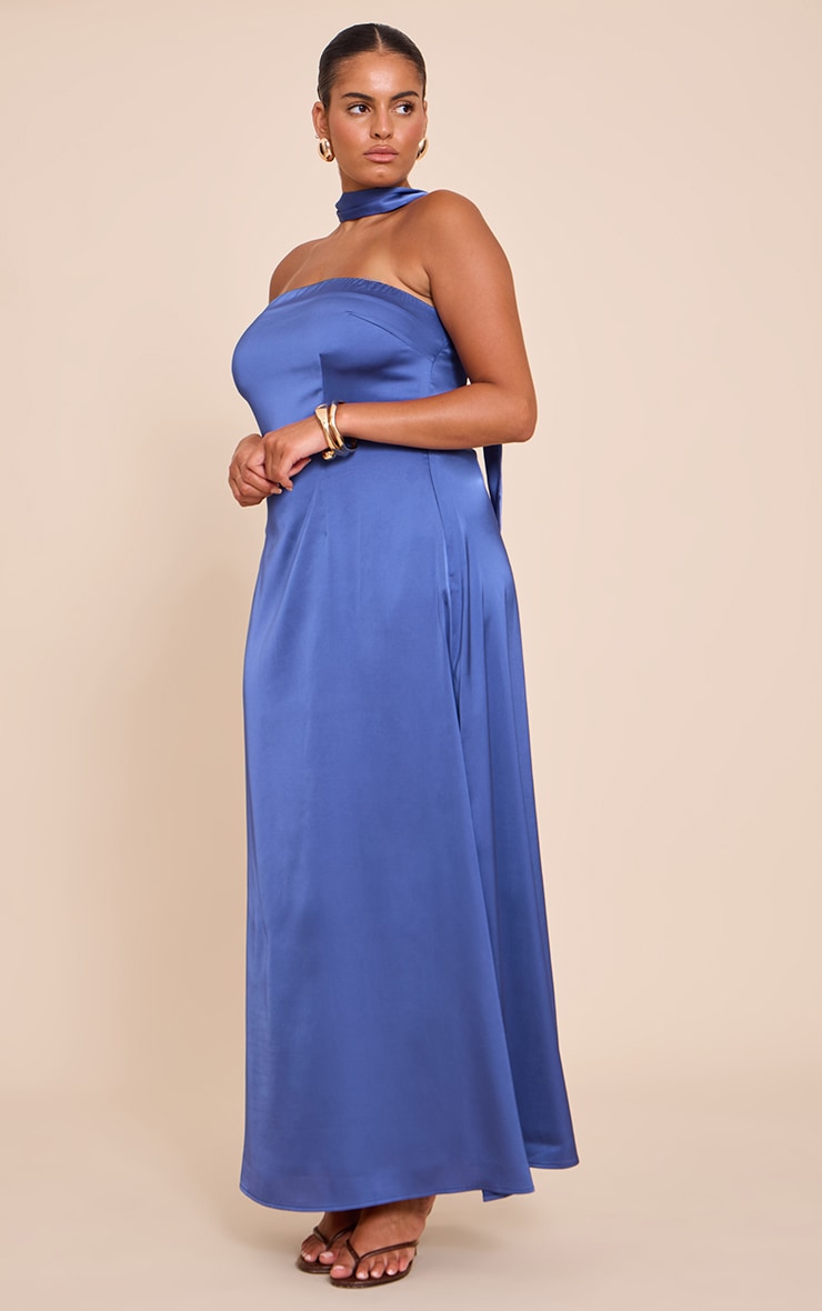 Plus Navy Satin Bandeau Scarf Detail Maxi Dress image 3