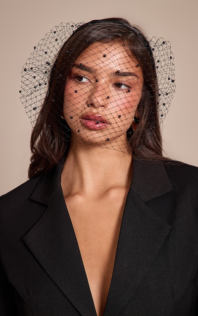 Black Beaded Fishnet Veil Headband