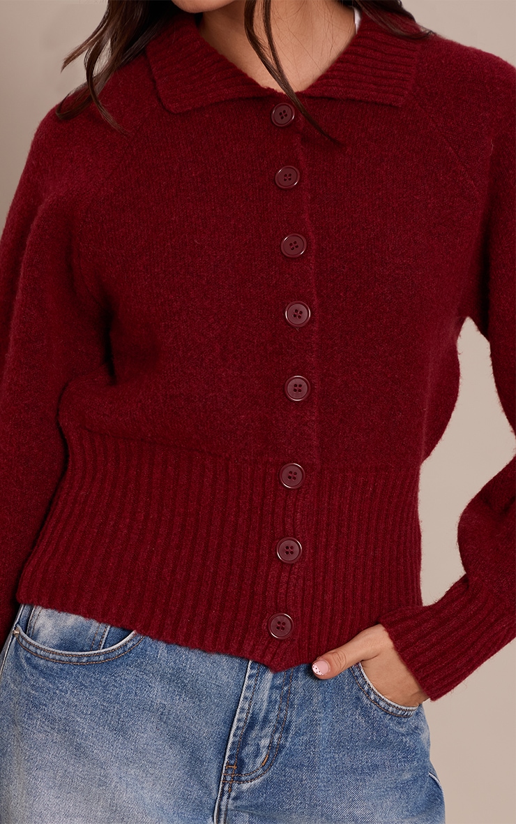 Wine Collared Waist Detail Knitted Cardigan  image 4