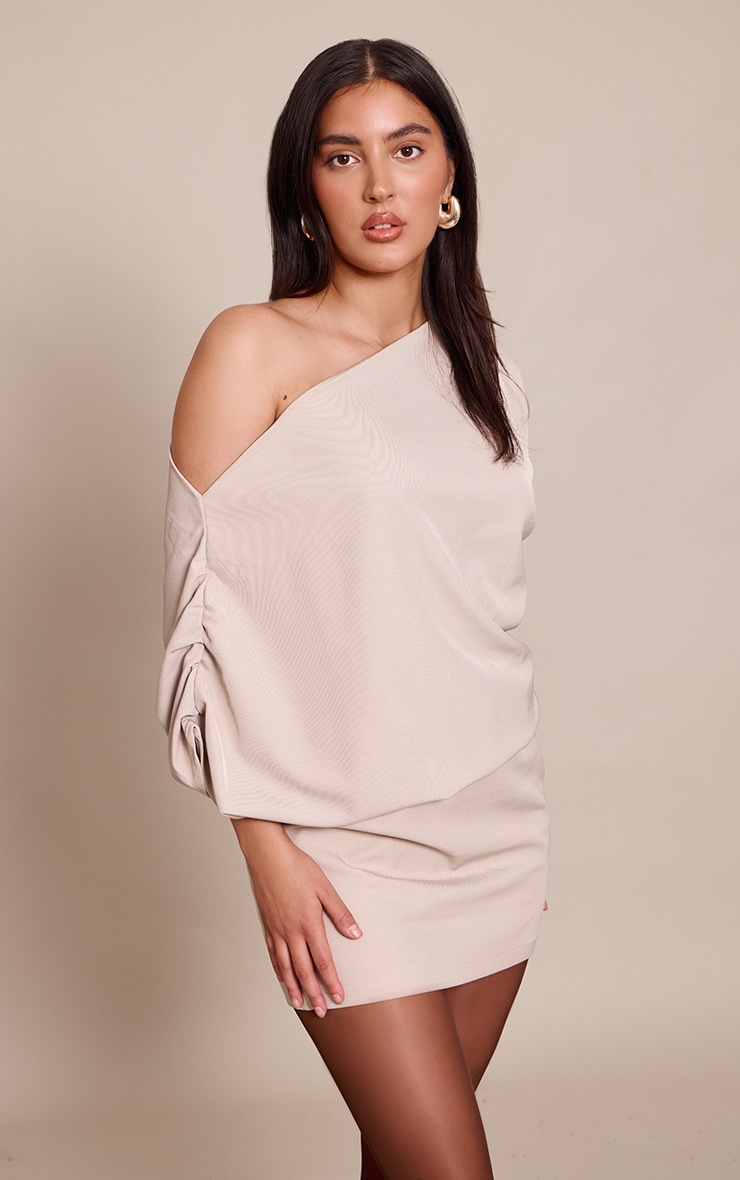 Grey Woven Off The Shoulder Fold Over Mini Dress image 1