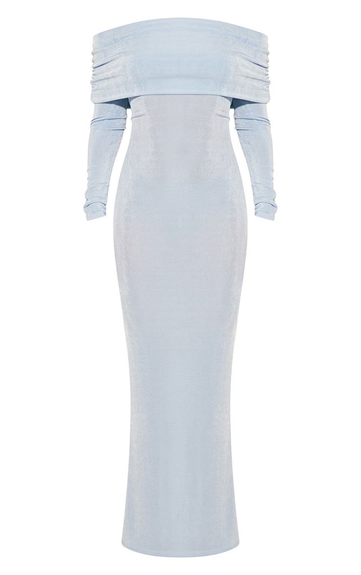 Robe moulante longue en acétate bleu clair à manches longues et col bardot image 5