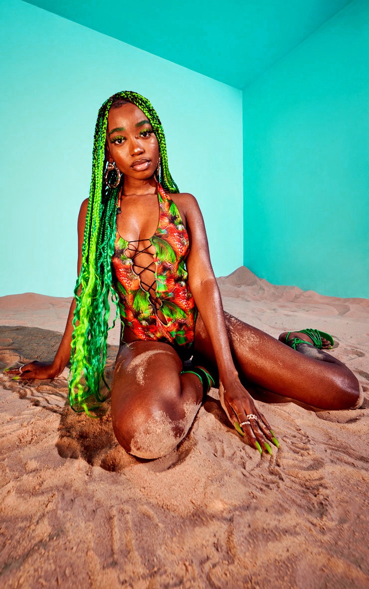 Red Jungle Print Lace Up Tie Back Swimsuit