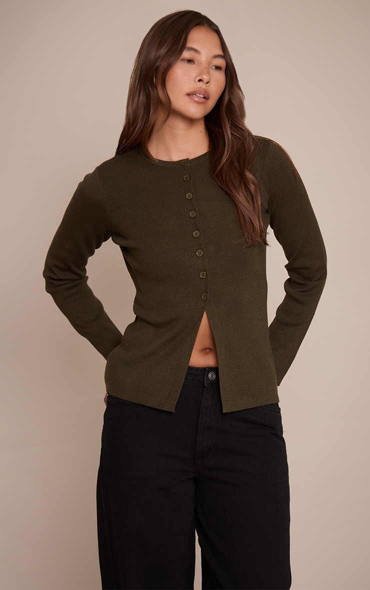Khaki Rib Knitted Button Down Cardigan  image 1