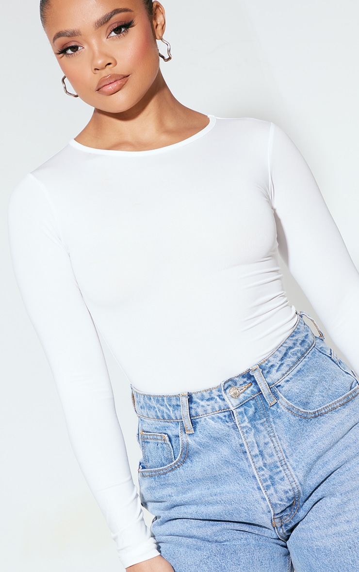 White Basic Slinky Long Sleeve Bodysuit image 4