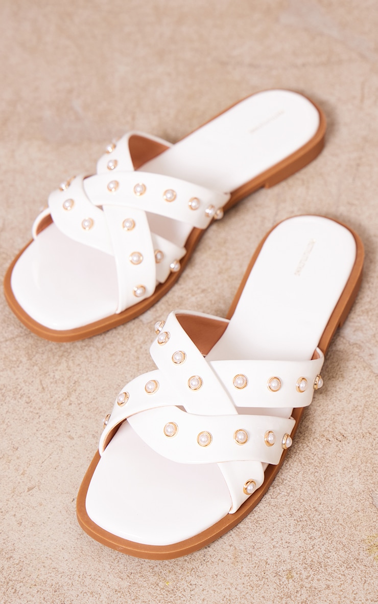 White Patent Pu Square Toe Pearl Detail Kriss Kross Strap Sandals image 1