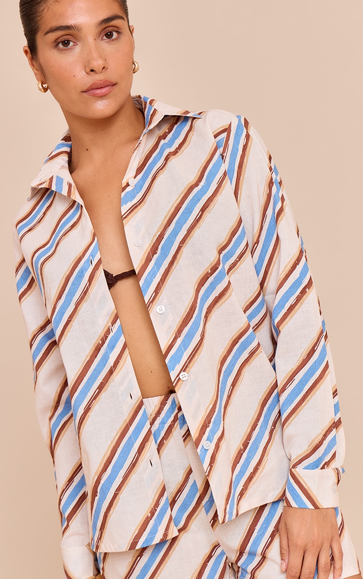 Petite Blue Stripe Linen Look Button Up Shirt image 4