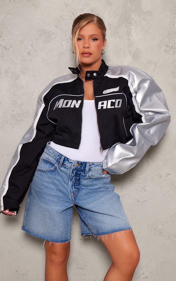 PrettyLittleThing///フェイクレザー バイカー ジャケット Black Metallic PU Contrast Sleeve Racer Jacket | Outerwear