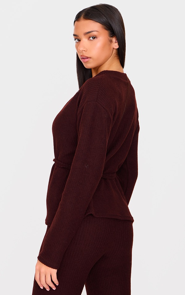 Chocolate Soft Rib Tie Trim Detail Cardigan image 2