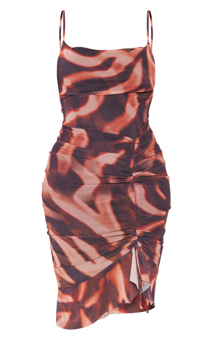 Shape Orange Zebra Print Mesh Cowl Ruched Midi Dress image 5