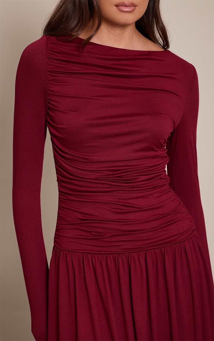 Wine Soft Touch Jersey Ruched Long Sleeve Maxi Dress image 4