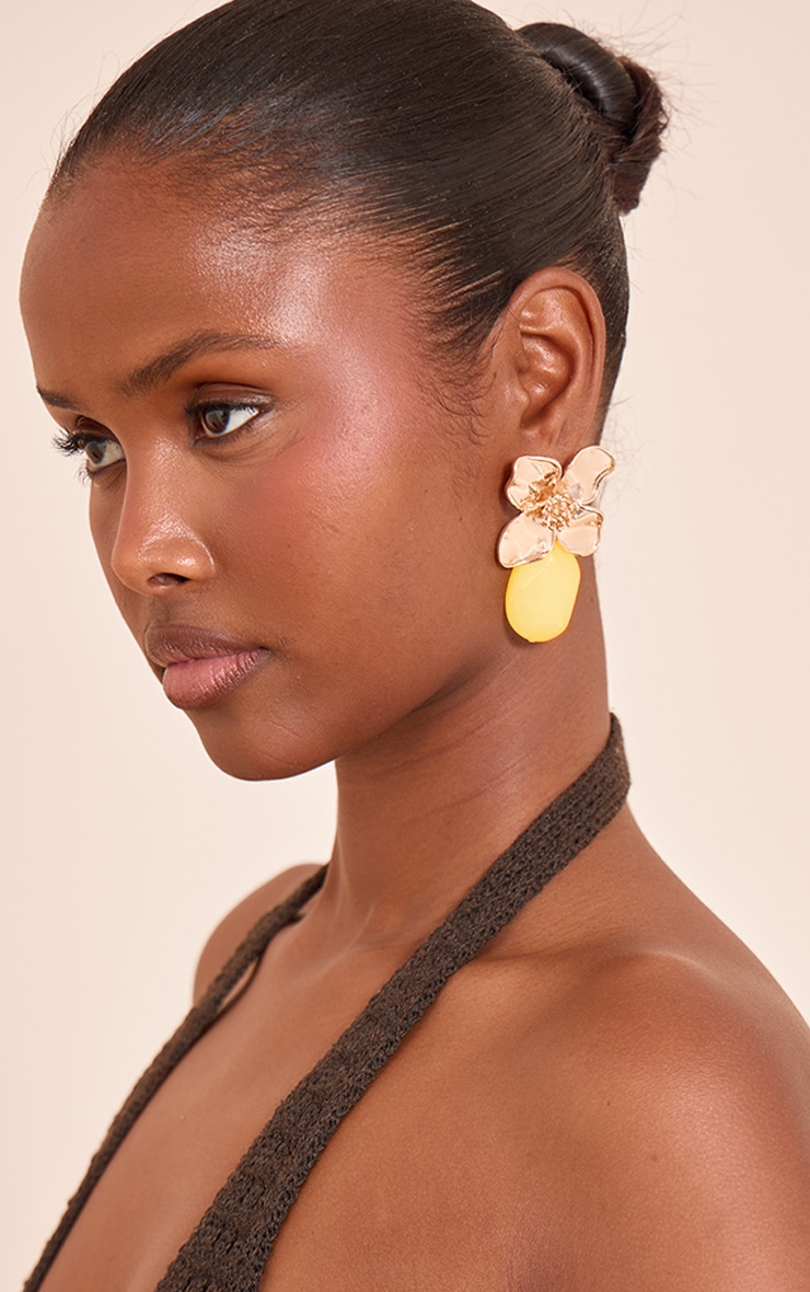 Gold Floral Earrings with Yellow Crystal Detail image 1
