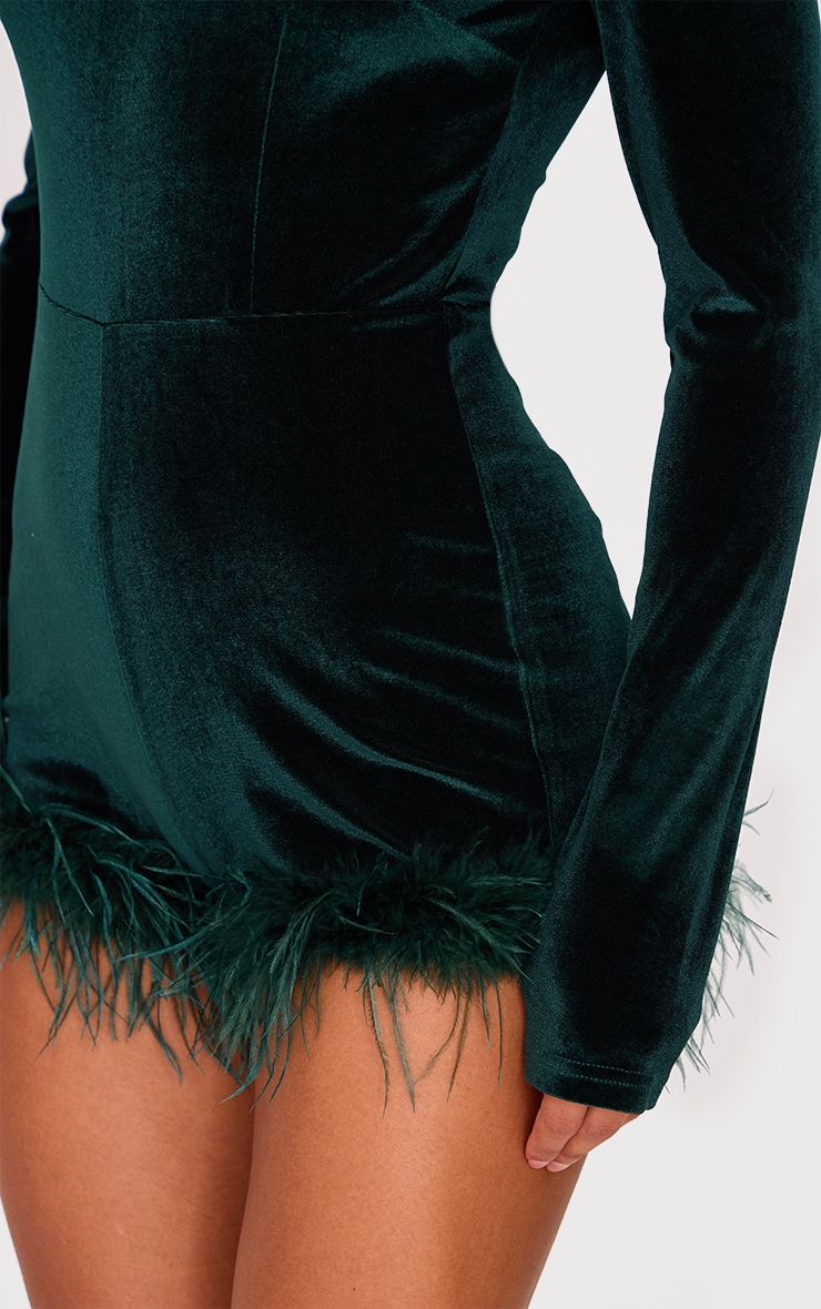 Forest Green Velvet Long Sleeve Feather Trim Romper image 4