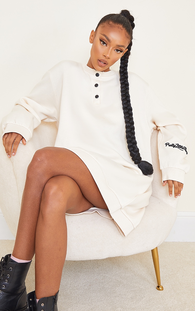 PRETTYLITTLETHING Ecru Embroidered Popper Sweat Jumper Dress