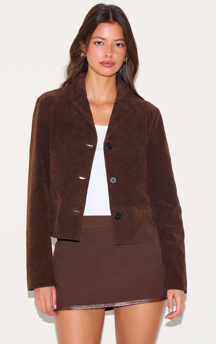 Brown Faux Suede Cropped Blazer image 1