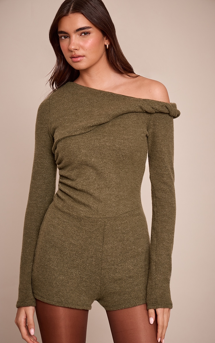 Olive Ribbed Twist Off The Shoulder Unitard