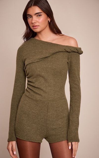 Olive Ribbed Twist Off The Shoulder Unitard