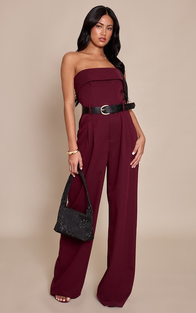 Plum Woven Bandeau Belted Wide Leg Jumpsuit