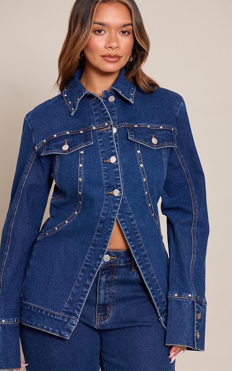 Shape Dark Blue Studded Cinched Waist Denim Jacket image 1