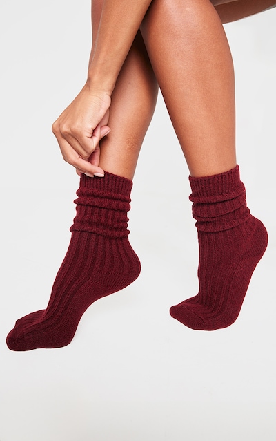Burgundy Slouchy Thick Ribbed Socks