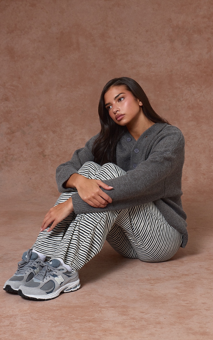 Charcoal Knitted Button Detail Oversized Hoodie  image 3