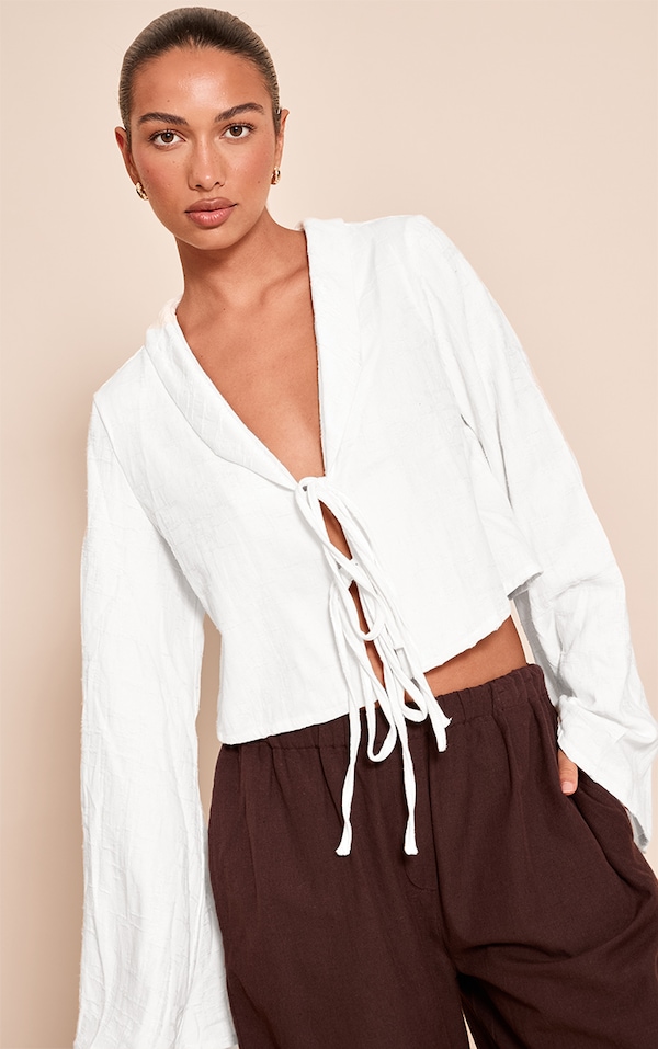 White Textured Lightweight Woven Tie Front Shirt