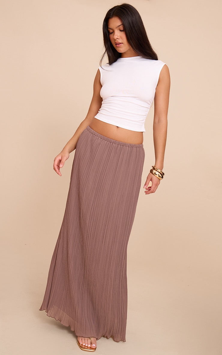 Chocolate Sheer Plisse Scalloped Hem Maxi Skirt image 1
