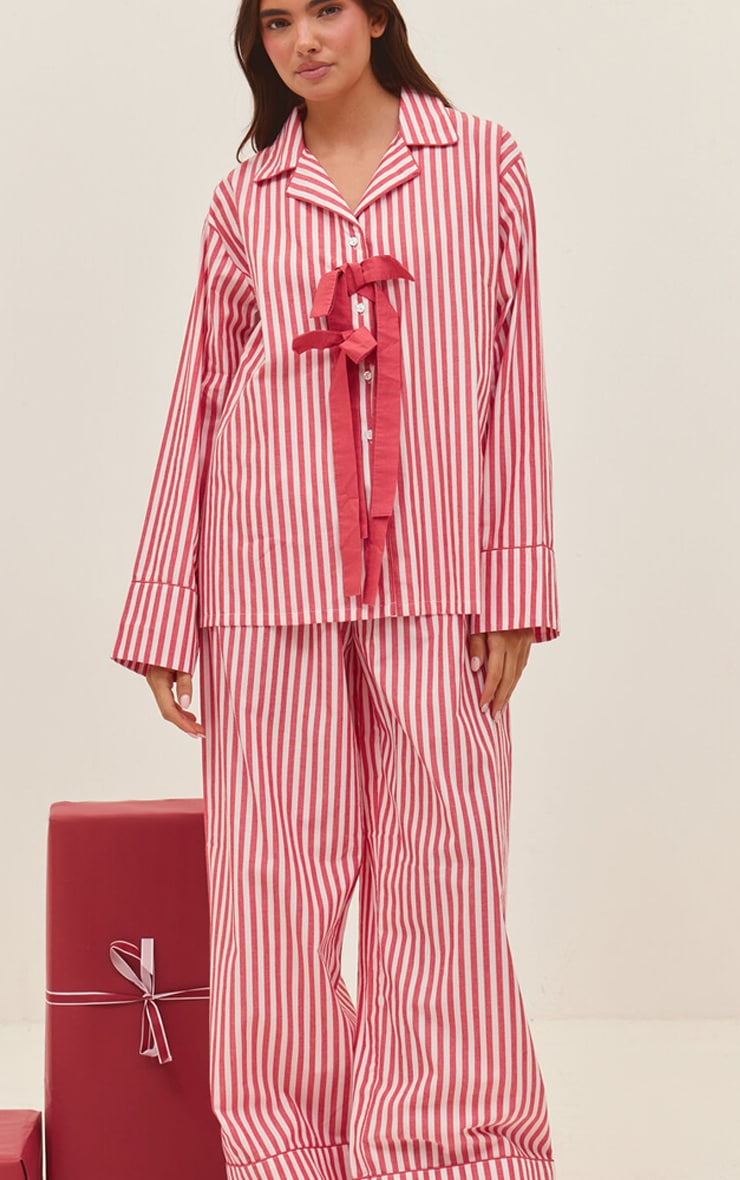 Red Striped Bow Detail Long Pajama Set image 3