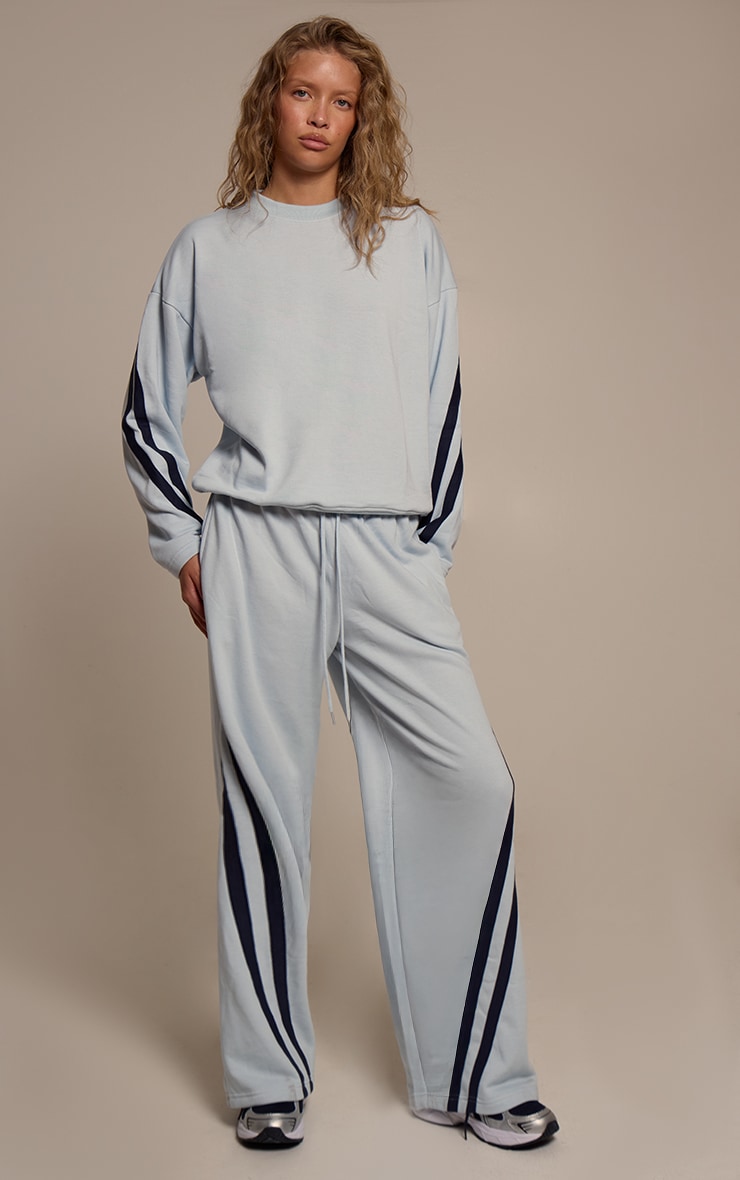 Blue Contrast Striped Wide Leg Sweatpants image 2