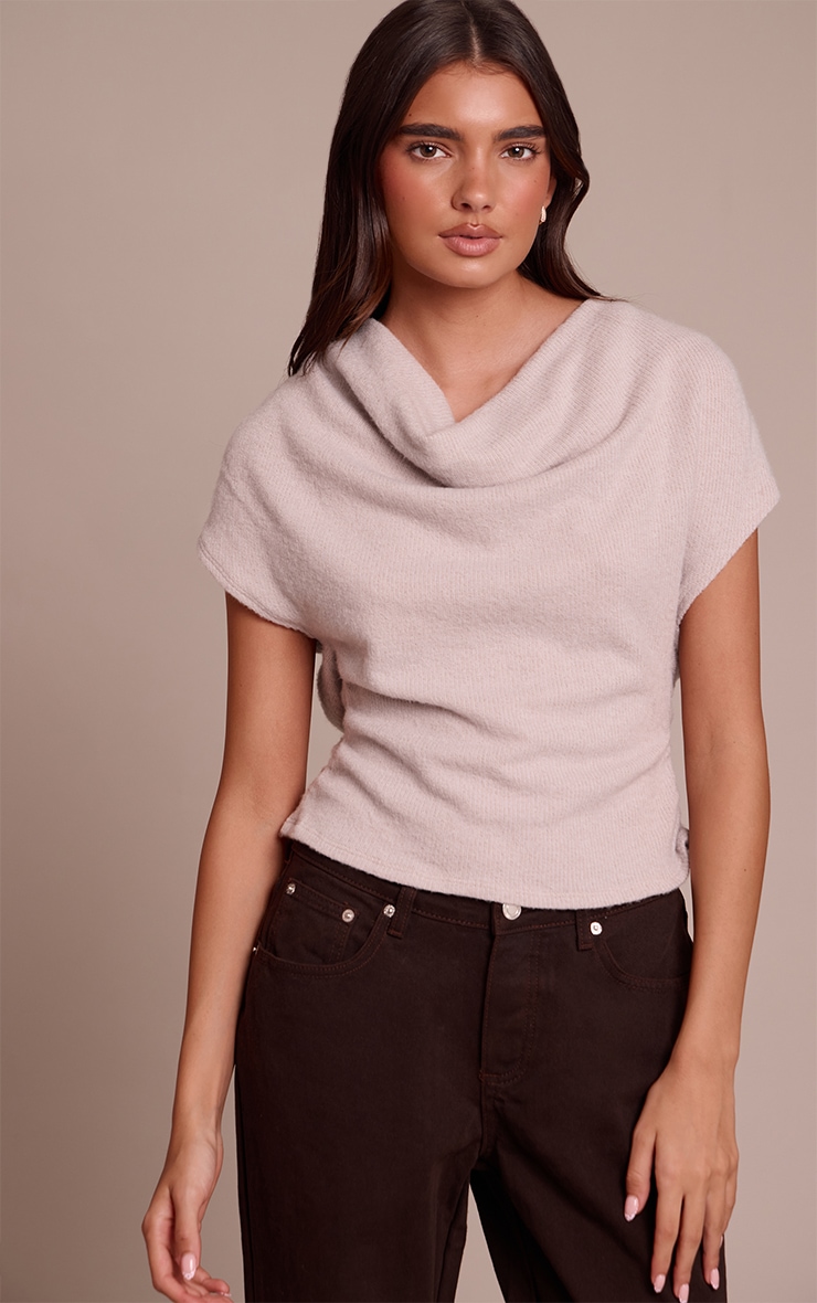 Light Mushroom Wool Look Slouchy Tie Back Top image 1