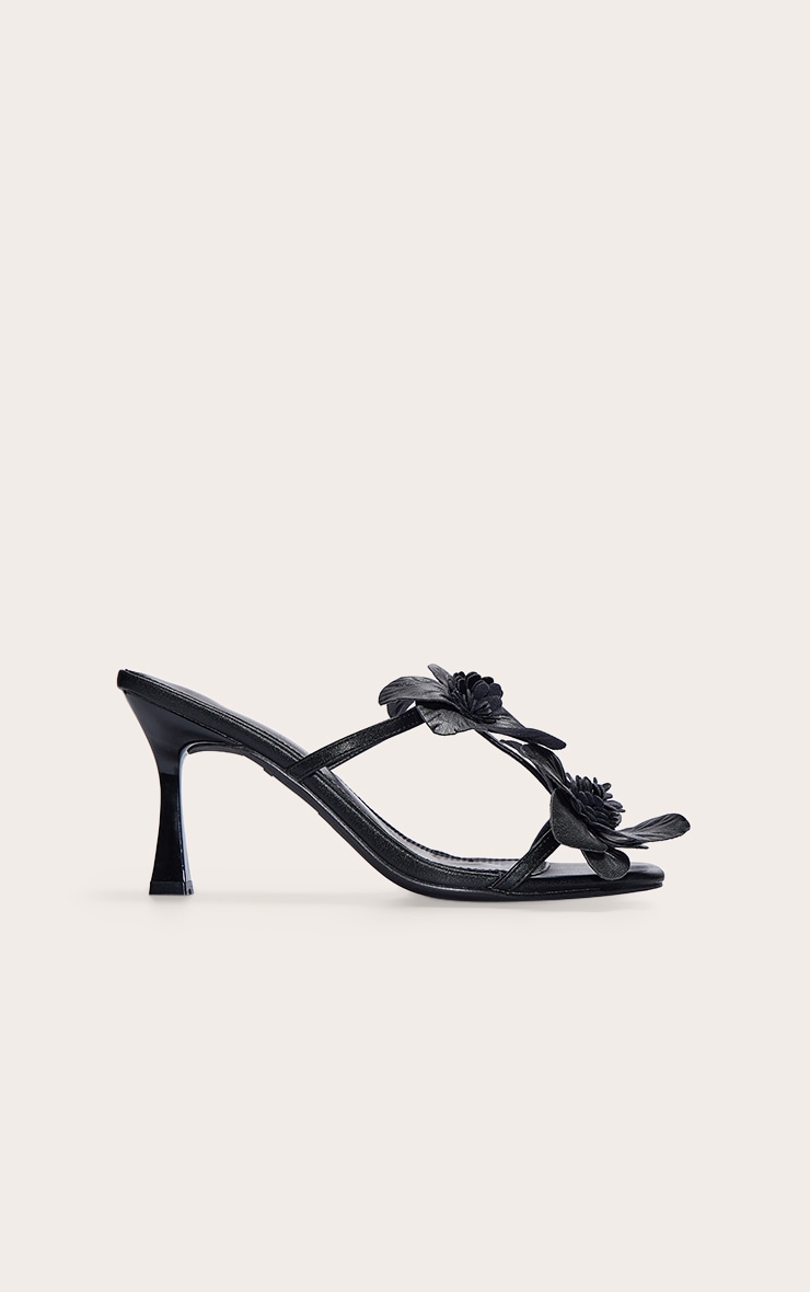 Mules à Talons Aiguilles Moyens, Bout Carré en PU Noir et Détails Floraux Multiples image 1