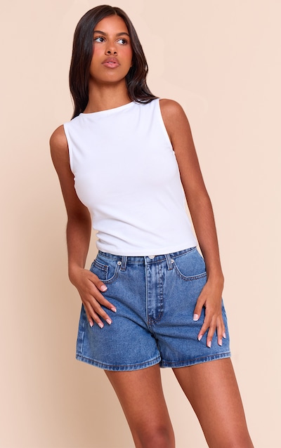 Petite Mid Blue Wash High Waisted Mom Shorts