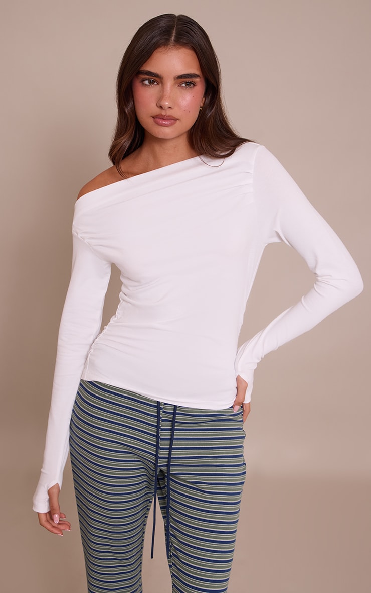 White Soft Cotton Ruched Asymmetric Long Sleeve Top