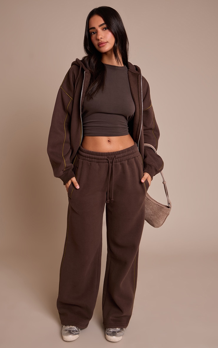 Petite Chocolate Contrast Seam Drawcord Full Zip Hoodie image 3