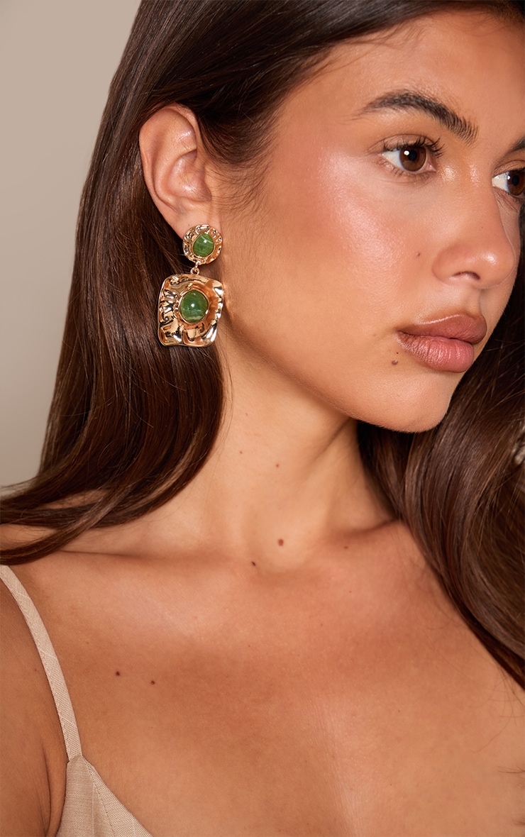Gold Hammered Jade Stone Statement Earrings