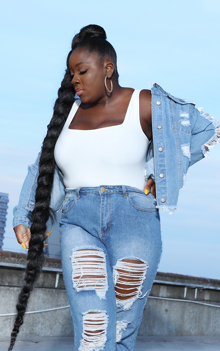 Plus Light Wash Distress Oversized Denim Jacket